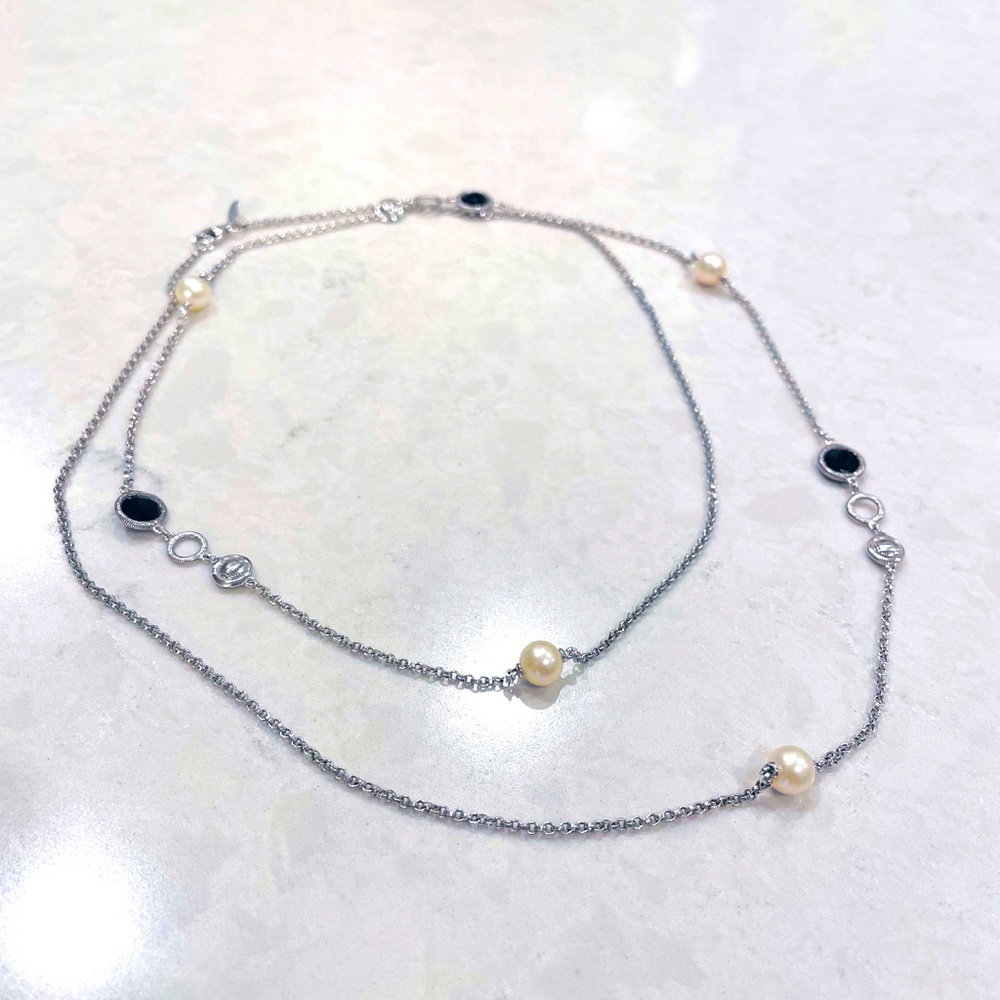 Onyx, Pearl, Sterling Silver Necklace - 36”
